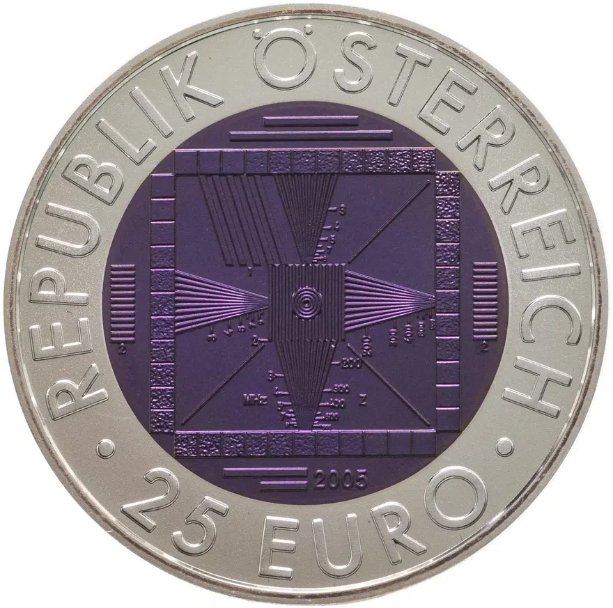 Австрия 25 euro (евро) 2005 "50-летие австрийского телевидения" в футляре с сертификатом, реверс