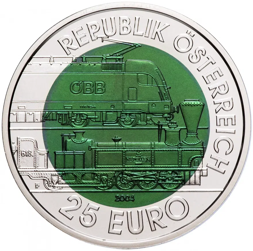 Австрия 25 euro (евро) 2004 "150 лет железной дороге Земмеринг" в футляре с сертификатом, реверс