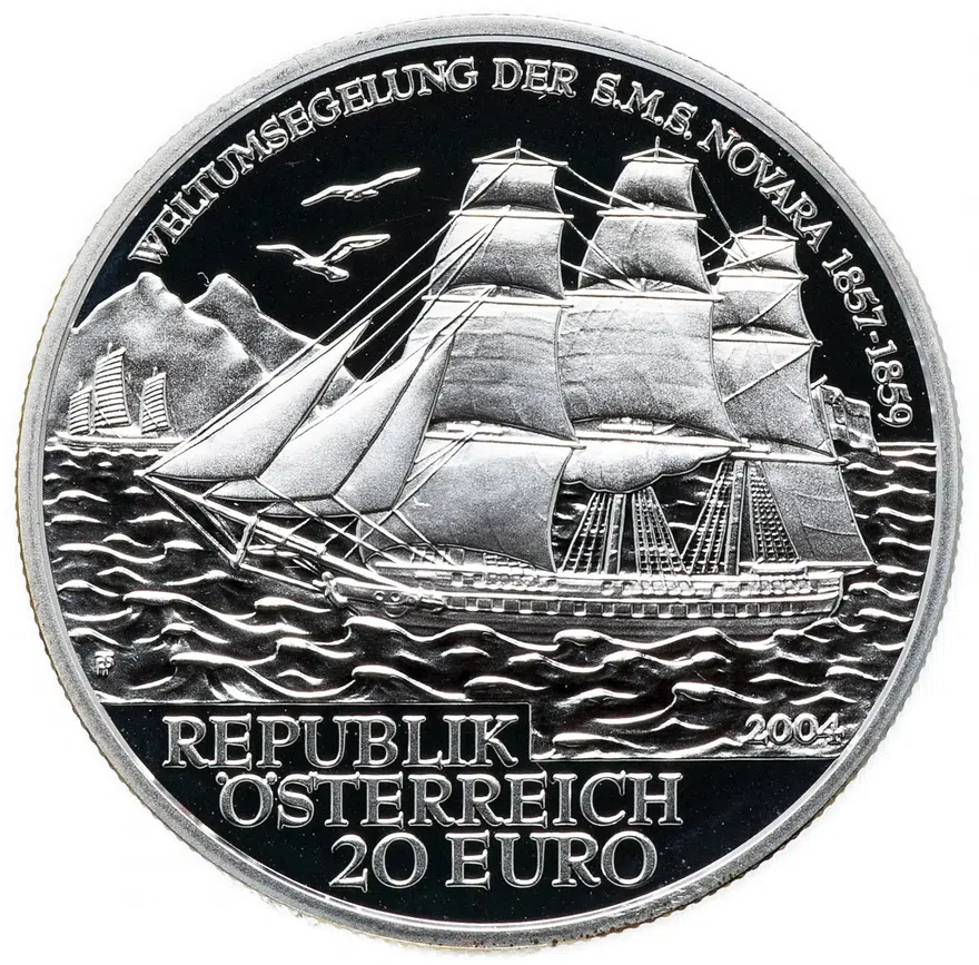 Австрия 20 евро (euro) 2004 "Фрегат «S.M.S. Новара»" в футляре с сертификатом
