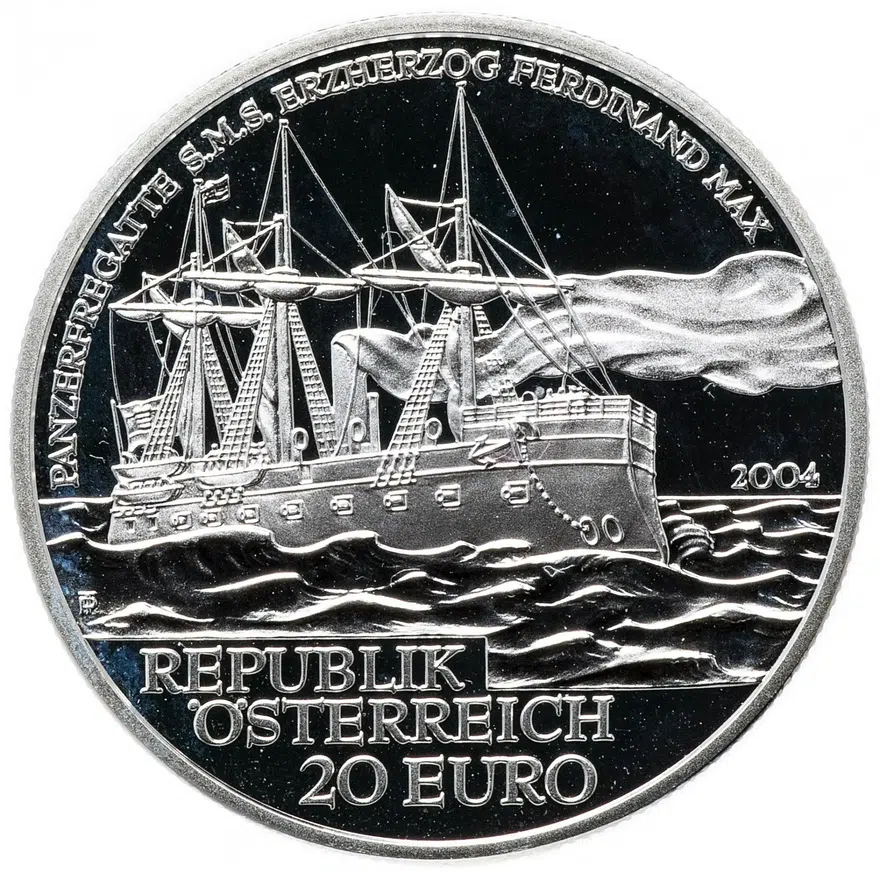 Австрия 20 евро (euro) 2004 "Бронированный фрегат «S.M.S. Эрцгерцог Фердинанд Макс»" в футляре с сертификатом