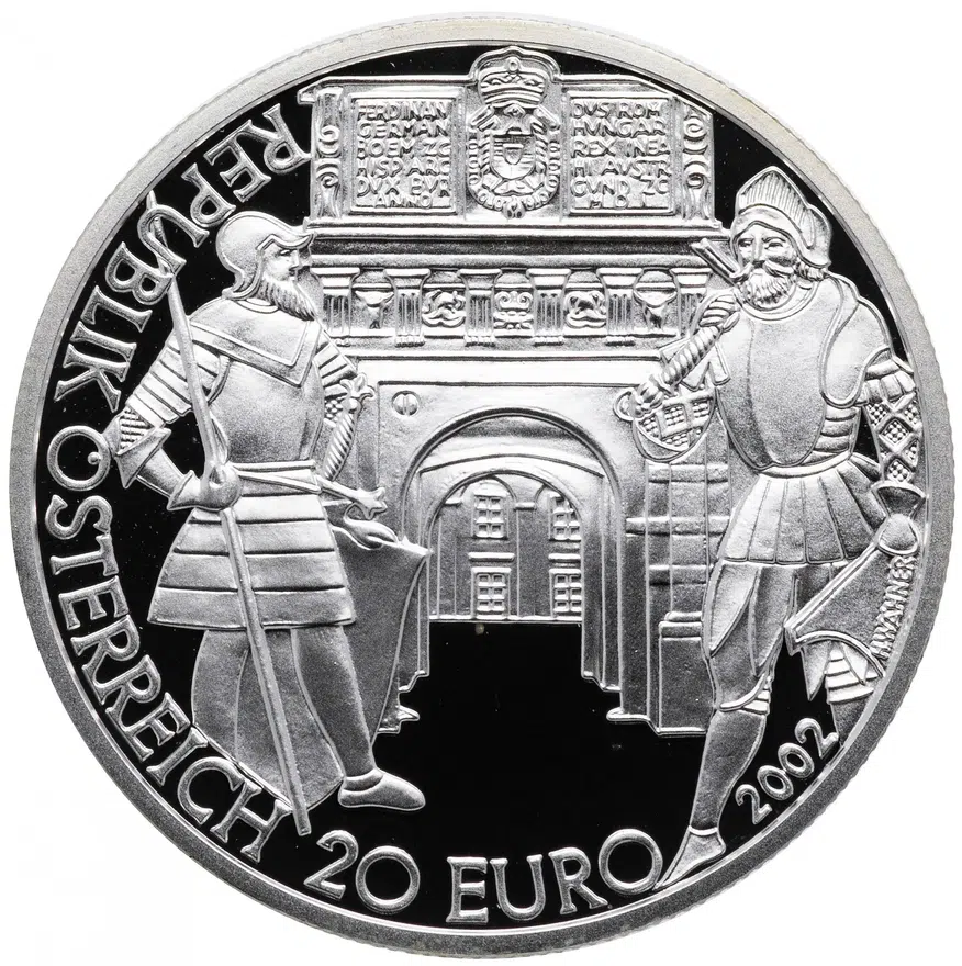 Австрия 20 евро (euro) 2002 "Период ренессанс - император Фердинанд I" в футляре с сертификатом, аверс