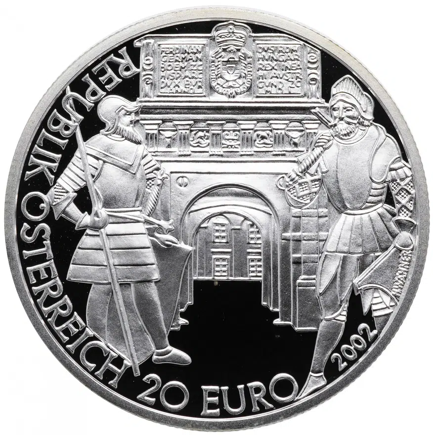 Австрия 20 евро (euro) 2002 "Период ренессанс - император Фердинанд I" в футляре с сертификатом, реверс