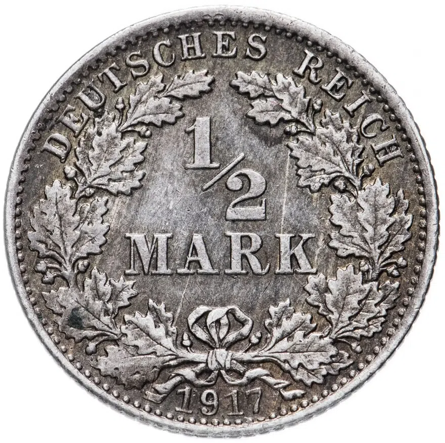 1/2 марки (mark) 1917 J   знак монетного двора: "J" - Гамбург Германия