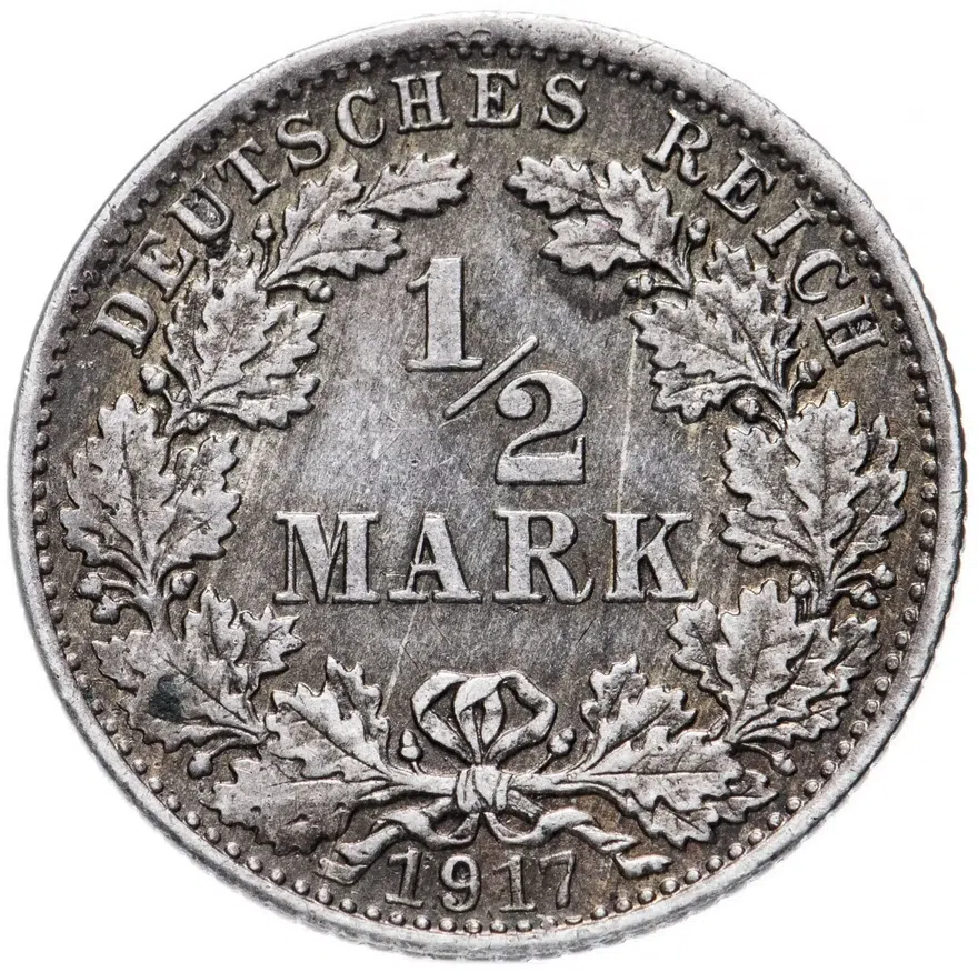 1/2 марки (mark) 1917 J   знак монетного двора: "J" - Гамбург Германия, реверс