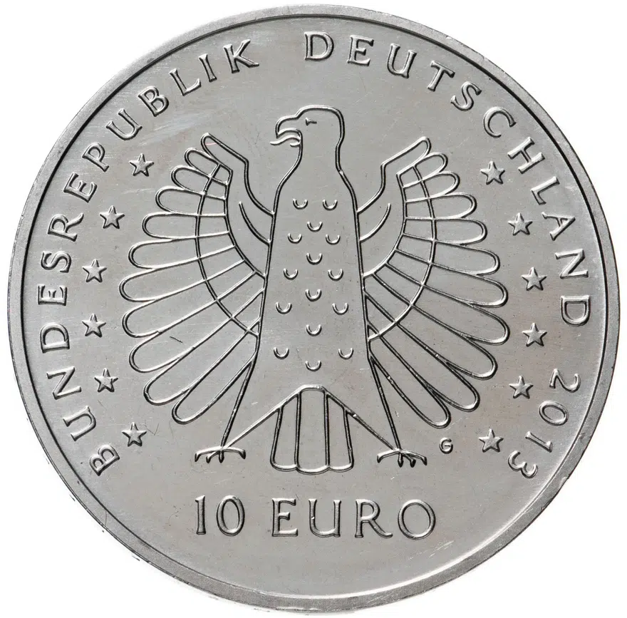 Германия 10 евро (euro) 2013 G 125 лет электротоку - Генрих Герц медно-никелевый сплав, реверс