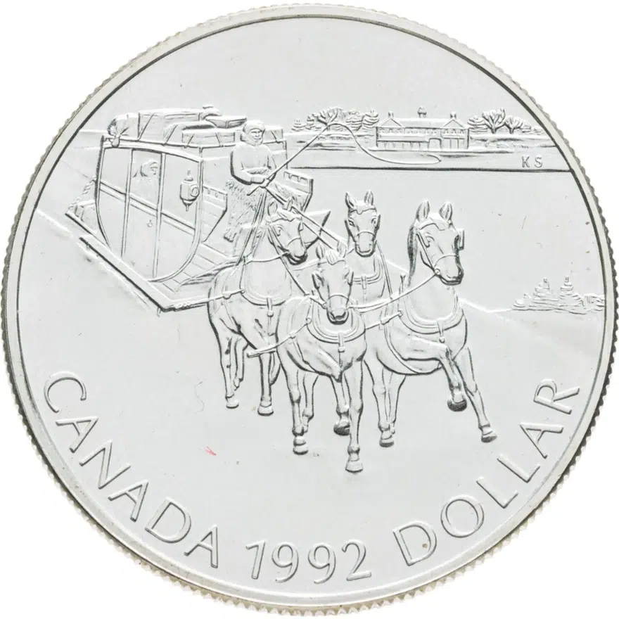 Канада 1 доллар (dollar) 1992  "175 лет Кингстонскому дилижансу Канада"