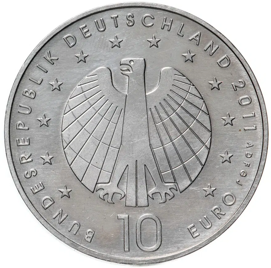 Германия 10 евро (euro) 2011 G 6-й чемпионат мира по футболу среди женщин медно-никелевый сплав, знак монетного двора: "G" - Карлсруэ, реверс