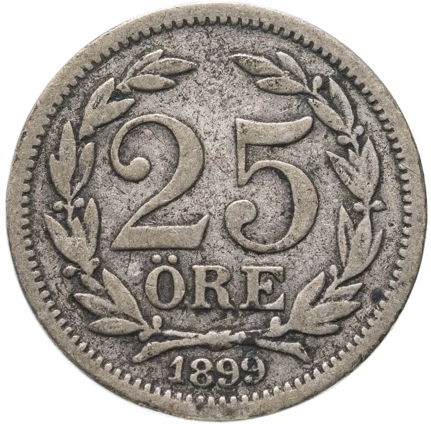 Швеция 25 эре (ore) 1899  Большой размер надписей, реверс