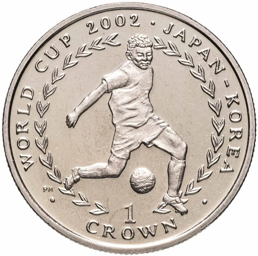 Остров Мэн 1 крона (crown) 2002  Чемпионат мира по футболу 2002, Япония-Корея /мяч внизу/, аверс