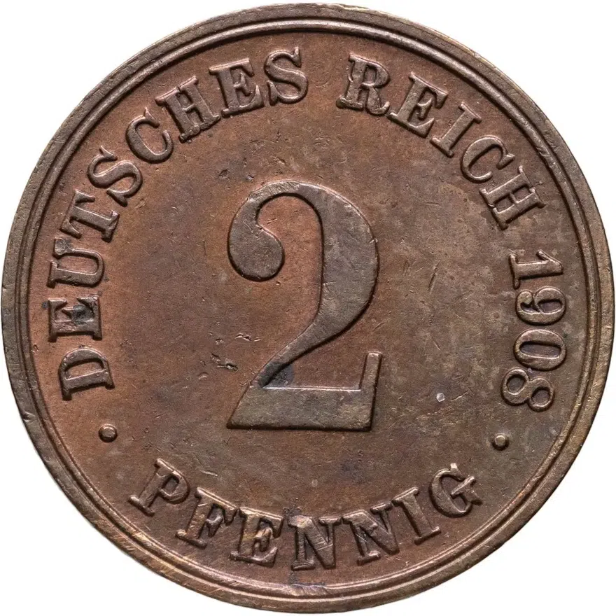 Германия 2 пфеннига (pfennig) 1908 D  знак монетного двора: "D" - Мюнхен, аверс