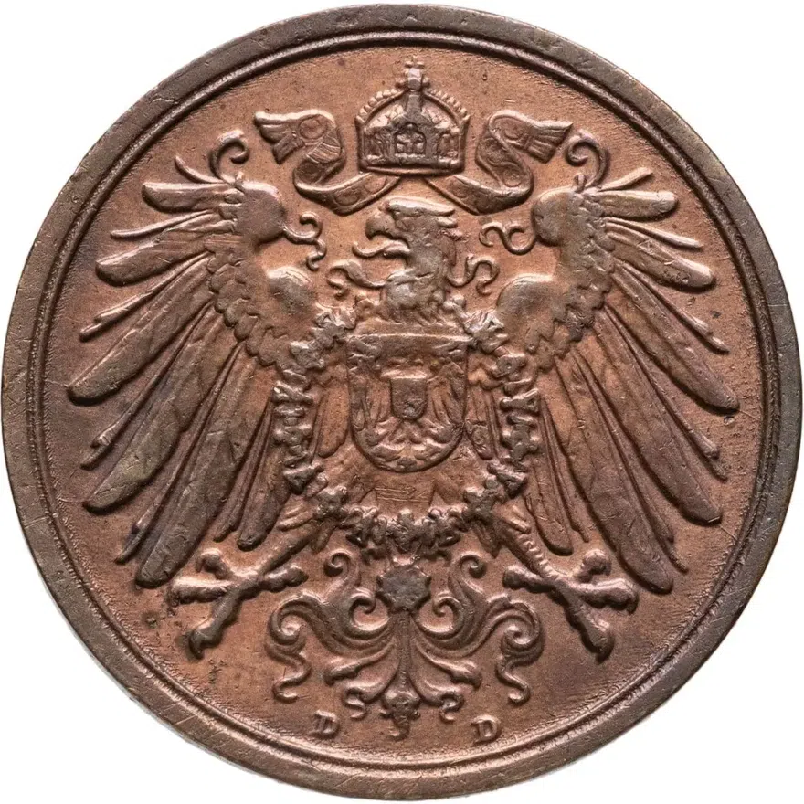 Германия 2 пфеннига (pfennig) 1908 D  знак монетного двора: "D" - Мюнхен, реверс