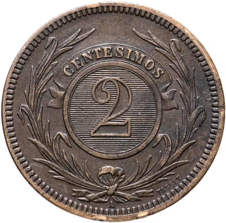 Уругвай 2 сентесимо (centesimo) 1869 знак монетного двора: "A" - Париж