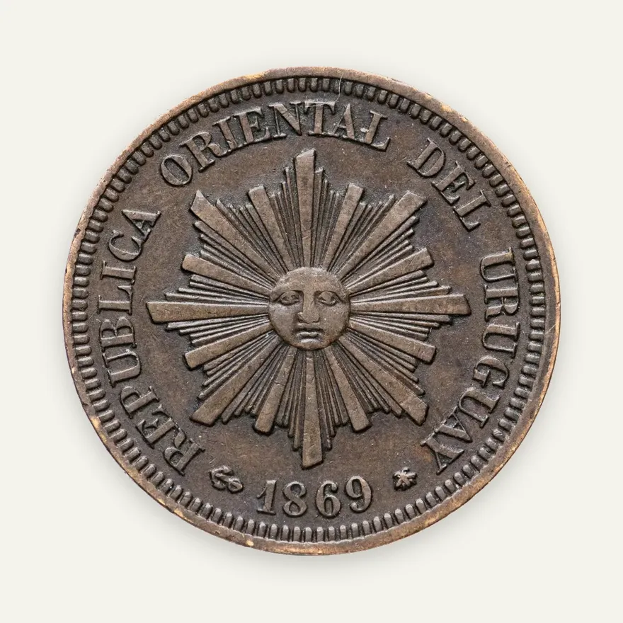 Уругвай 2 сентесимо (centesimo) 1869 знак монетного двора: "A" - Париж, реверс