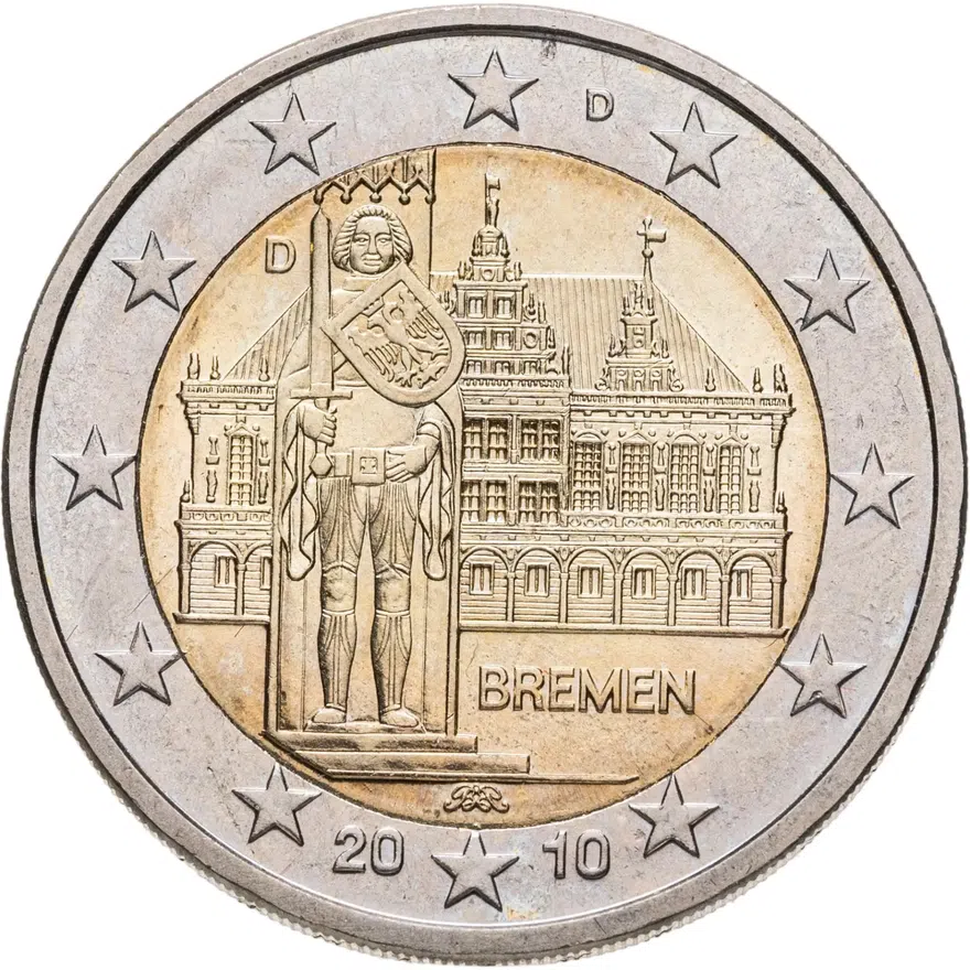 Германия 2 евро 2010 D Федеральные земли Германии: Бремен - городская ратуша и статуя Роланда
