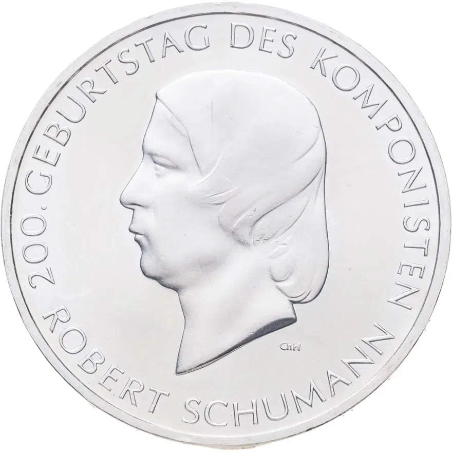Германия 10 евро (euro) 2010 J "200 лет со дня рождения Роберта Шумана"