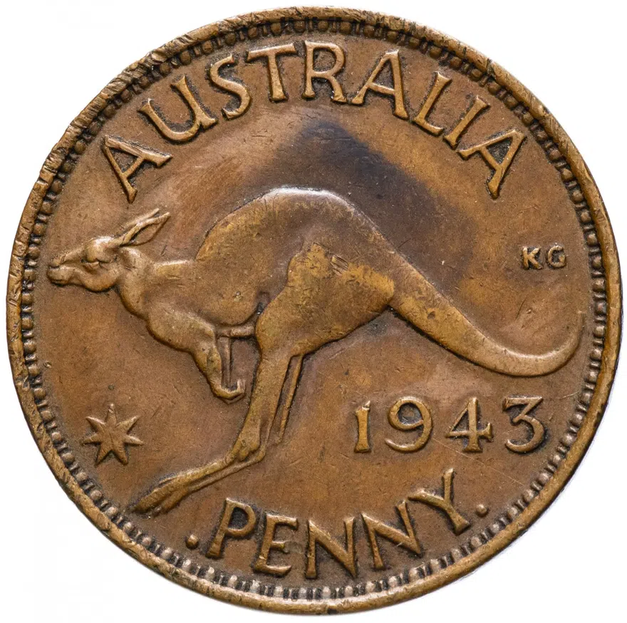 Австралия 1 пенни (penny) 1943, точка после "PENNY", аверс