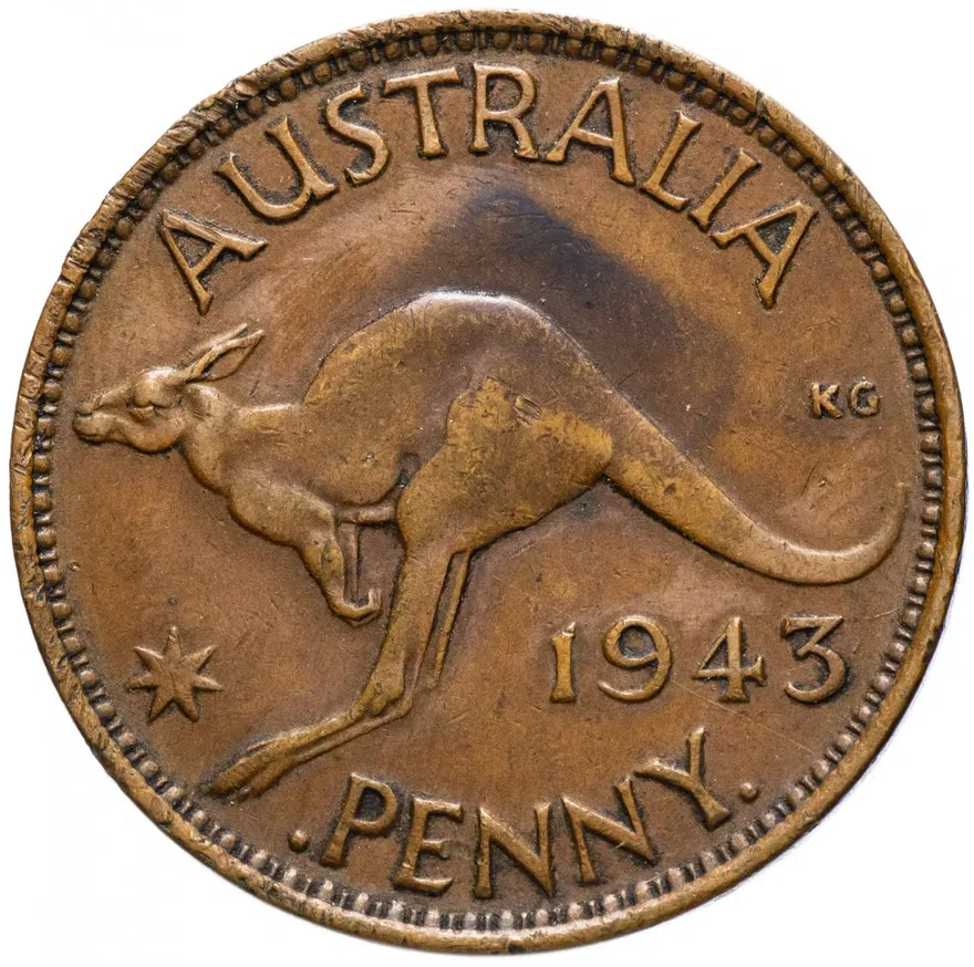 Австралия 1 пенни (penny) 1943, точка после "PENNY", реверс
