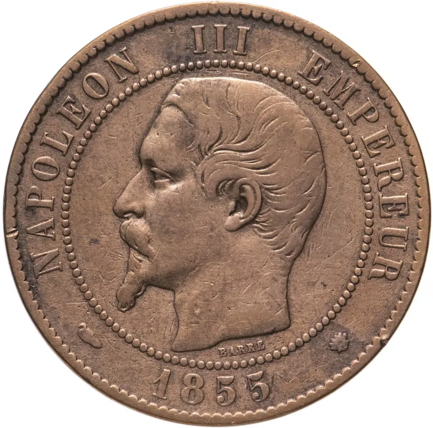 Франция 10 сантимов (centimes) 1855 W  знак монетного двора: "W" - Лилль