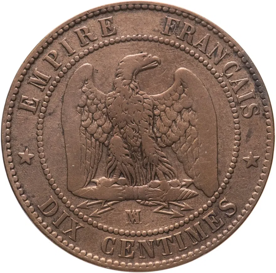 Франция 10 сантимов (centimes) 1855 W  знак монетного двора: "W" - Лилль, реверс