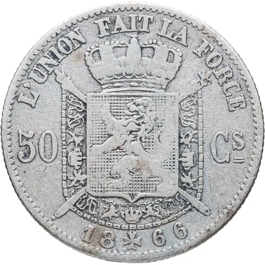 Бельгия 50 сантимов (centimes) 1866  Надпись на французском - 'DES BELGES', реверс