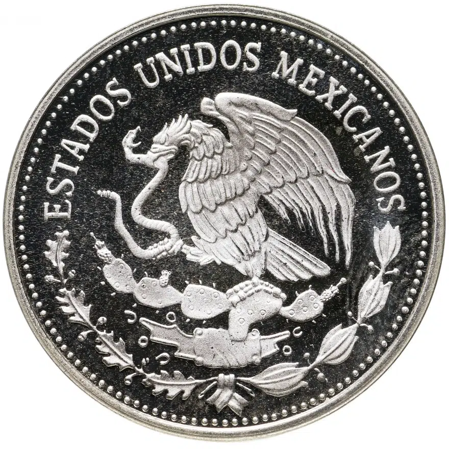 Мексика 25 песо (pesos) 1985  Чемпионат мира по футболу 1986 - Один мяч (надпись ниже мяча), в буклете, реверс