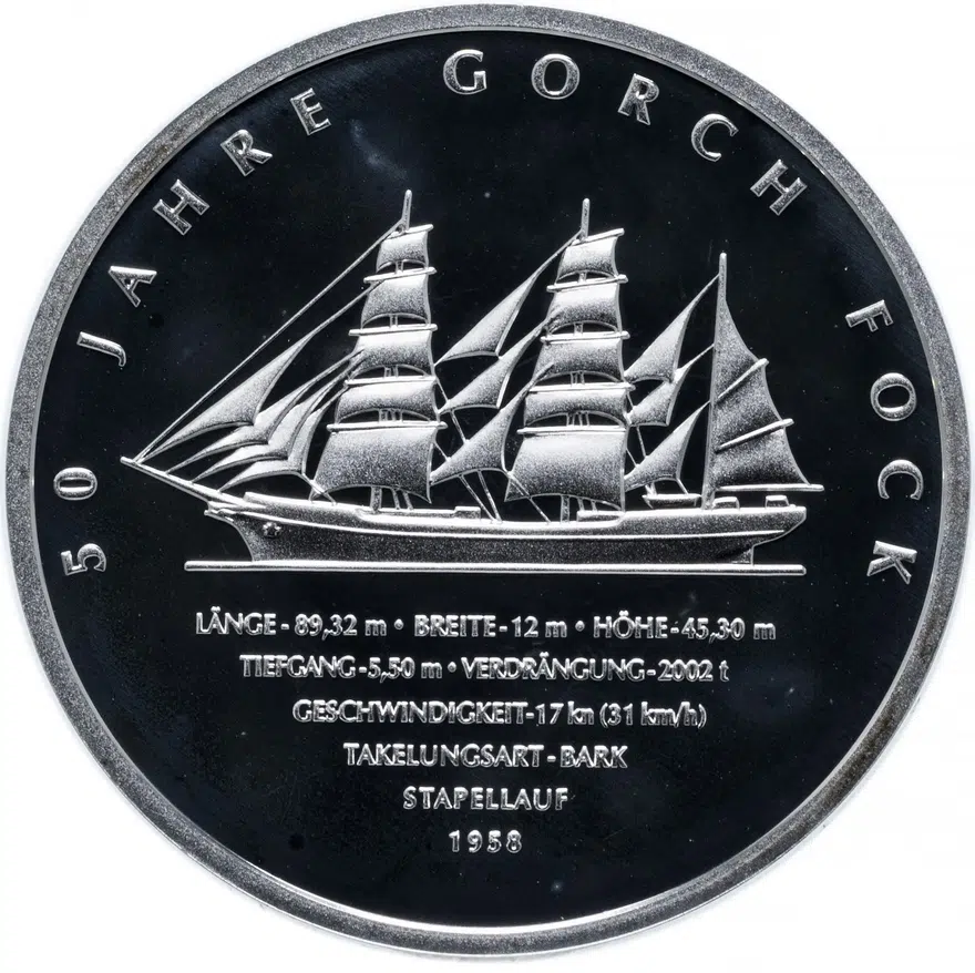 Германия 10 euro (евро) 2008 "50 лет парусному учебному кораблю «Gorch Fock II»" (J)