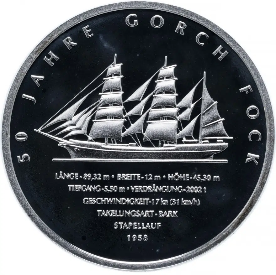 Германия 10 euro (евро) 2008 "50 лет парусному учебному кораблю «Gorch Fock II»" (J), реверс