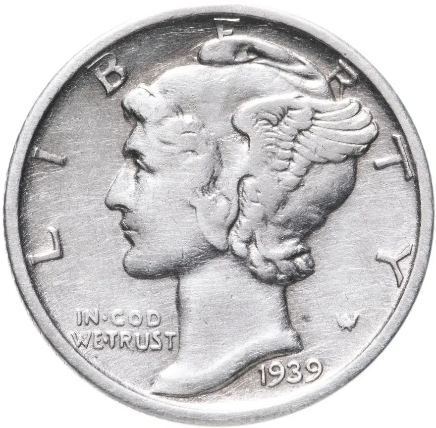 США 10 центов (дайм, one dime) 1939  Mercury Dime Без отметки монетного двора, аверс