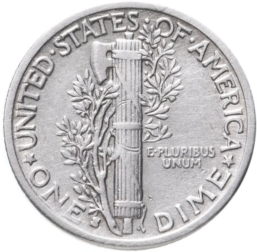 США 10 центов (дайм, one dime) 1939  Mercury Dime Без отметки монетного двора, реверс
