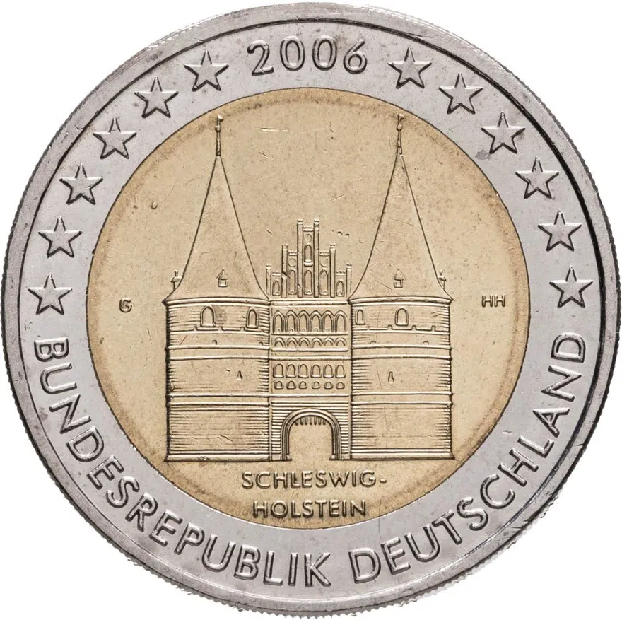 Германия 2 евро (euro) 2006 Федеральные земли Германии: Шлезвиг-Гольштейн - Голштинские ворота в Любеке, знак монетного двора "G" - Карлсруэ