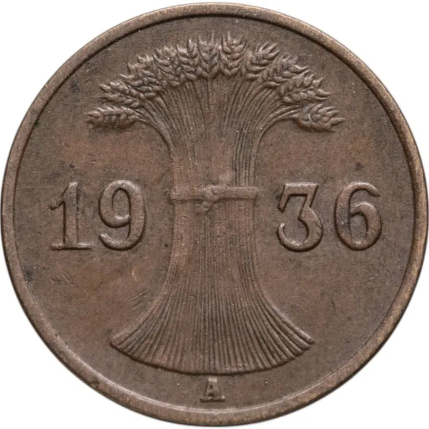 Германия 1 рейхспфенниг (reichspfennig) 1936 A  знак монетного двора "A" — Берлин, реверс