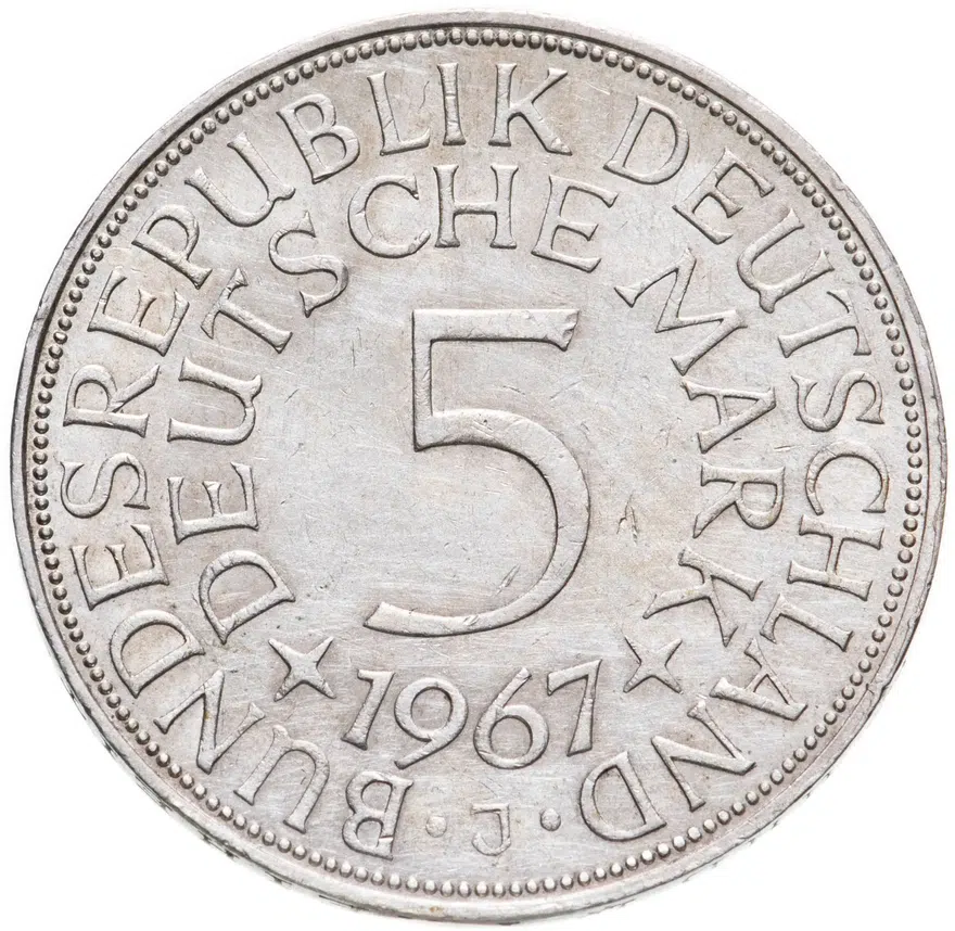 Германия 5 марок (mark) 1967 J  знак монетного двора: "J" - Гамбург