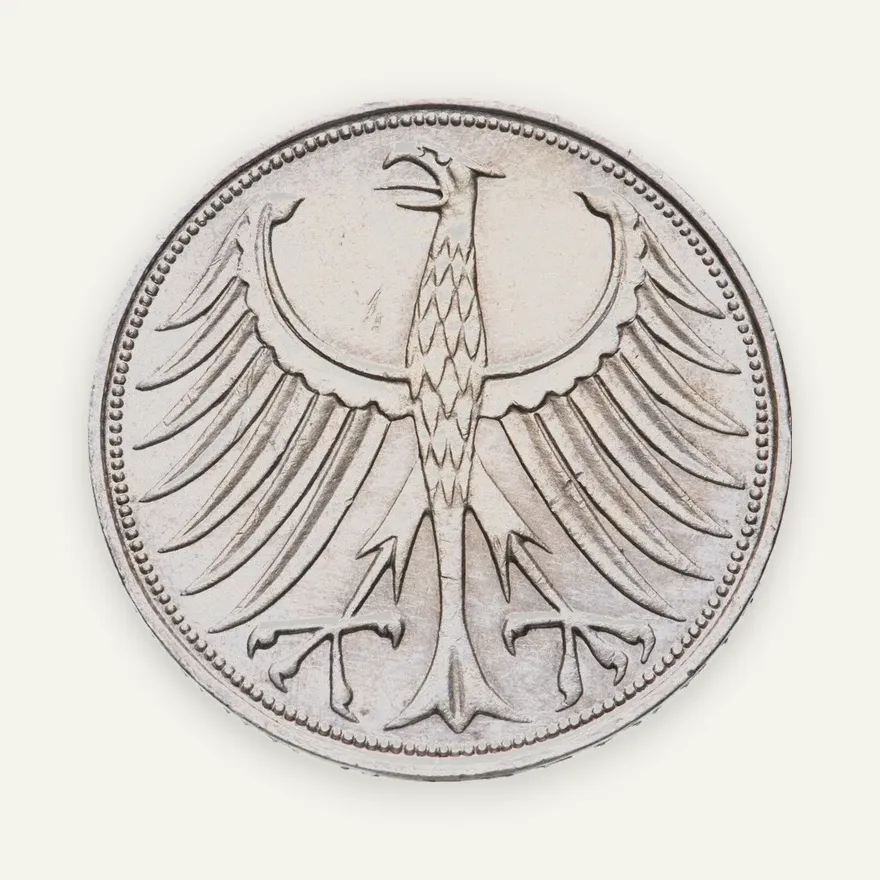 Германия 5 марок (mark) 1967 J  знак монетного двора: "J" - Гамбург, реверс