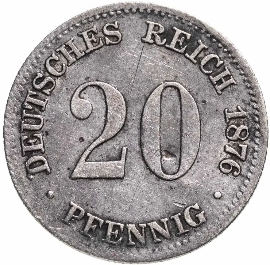 Германия 20 пфеннигов (pfennig) 1876 E  знак монетного двора: "E" - Дрезден, аверс