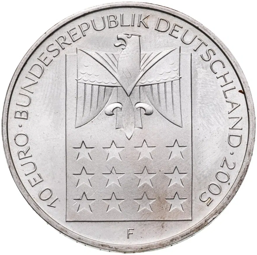 Германия 10 euro (евро) 2005 "100-летие вручения Нобелевской премии Мира Берте фон Зуттнер" F, реверс