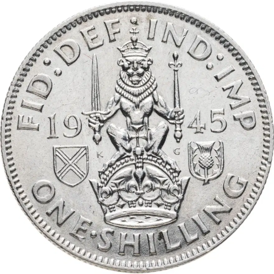 Великобритания 1 шиллинг (shilling) 1945  Шотландский шиллинг - лев, сидящий на короне, аверс