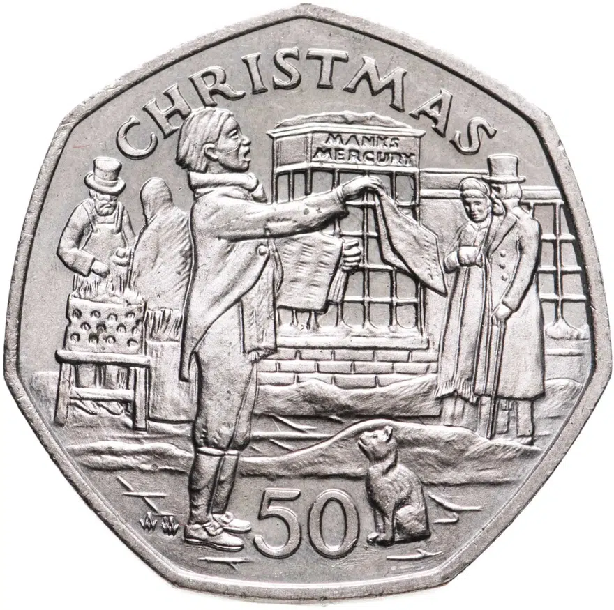 Остров Мэн. 50 пенсов (pence) 1992. "Рождество", отметка штемпеля "АA"