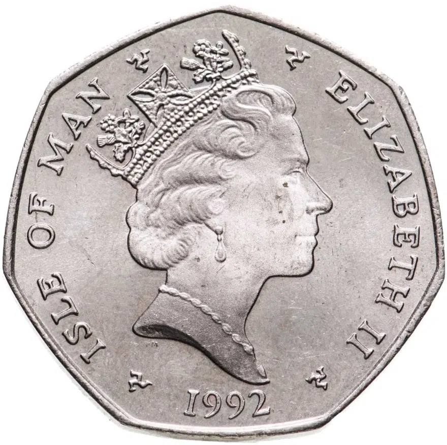 Остров Мэн. 50 пенсов (pence) 1992. "Рождество", отметка штемпеля "АA", реверс