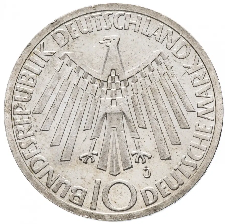 Германия 10 марок 1972 J  "XX летние Олимпийские Игры, Мюнхен 1972 - Эмблема "In München"", реверс