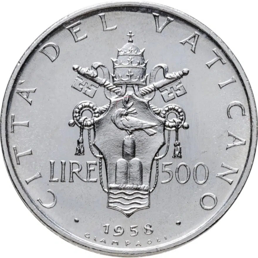 Ватикан 500 лир (lire) 1958, реверс