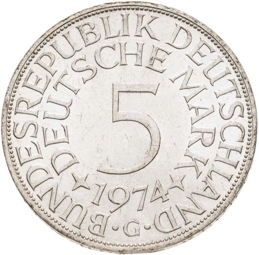 Германия 5 марок (mark) 1974 G  знак монетного двора: "G" - Карлсруэ