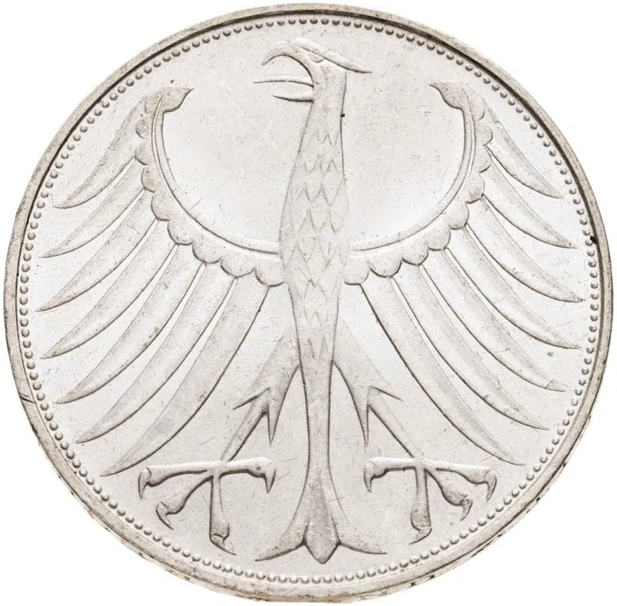 Германия 5 марок (mark) 1974 G  знак монетного двора: "G" - Карлсруэ, реверс