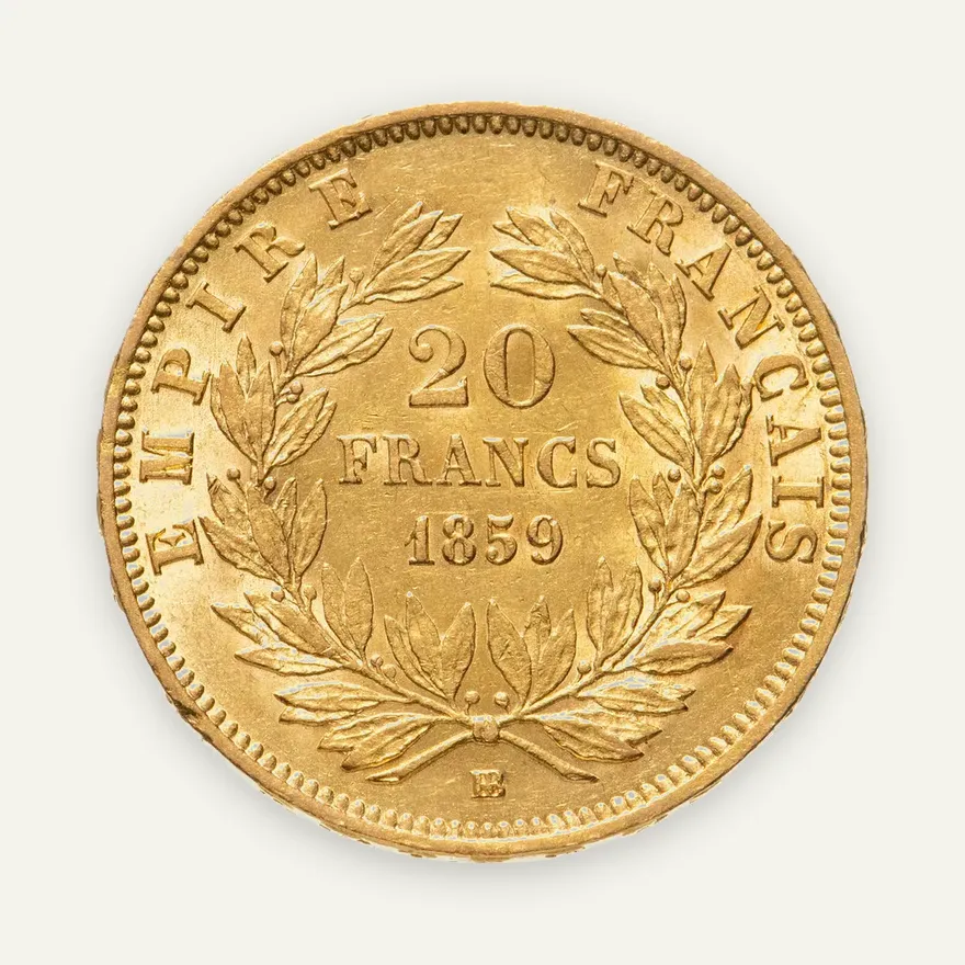 Франция 20 франков (francs) 1859 BB  знак монетного двора: "BB" - Страсбург, реверс