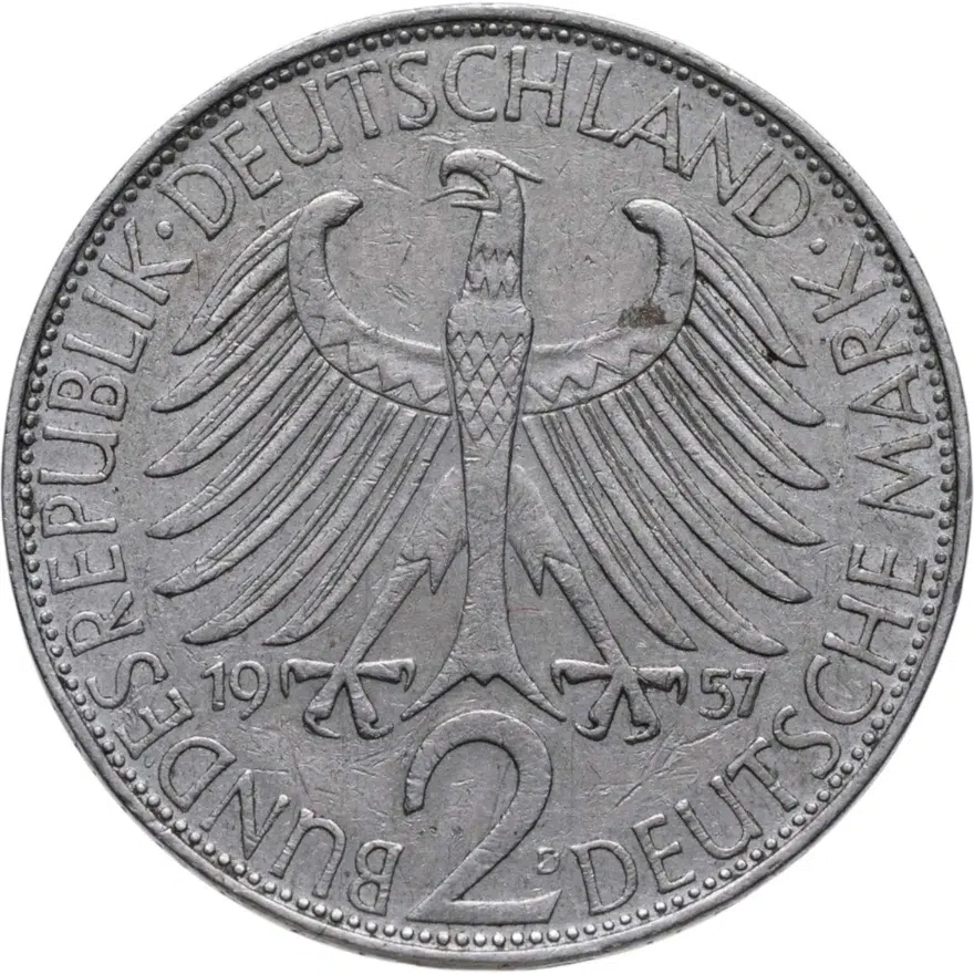 Германия (ФРГ) 2 марки 1957 Макс Планк знак монетного двора: "D" - Мюнхен