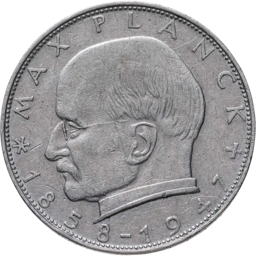 Германия (ФРГ) 2 марки 1957 Макс Планк знак монетного двора: "D" - Мюнхен, реверс