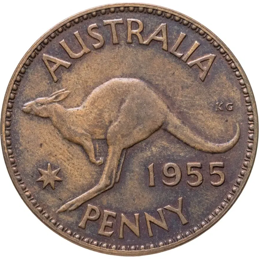 Австралия 1 пенни (penny) 1955   без точки после "PENNY" - Монетный двор Мельбурна, аверс