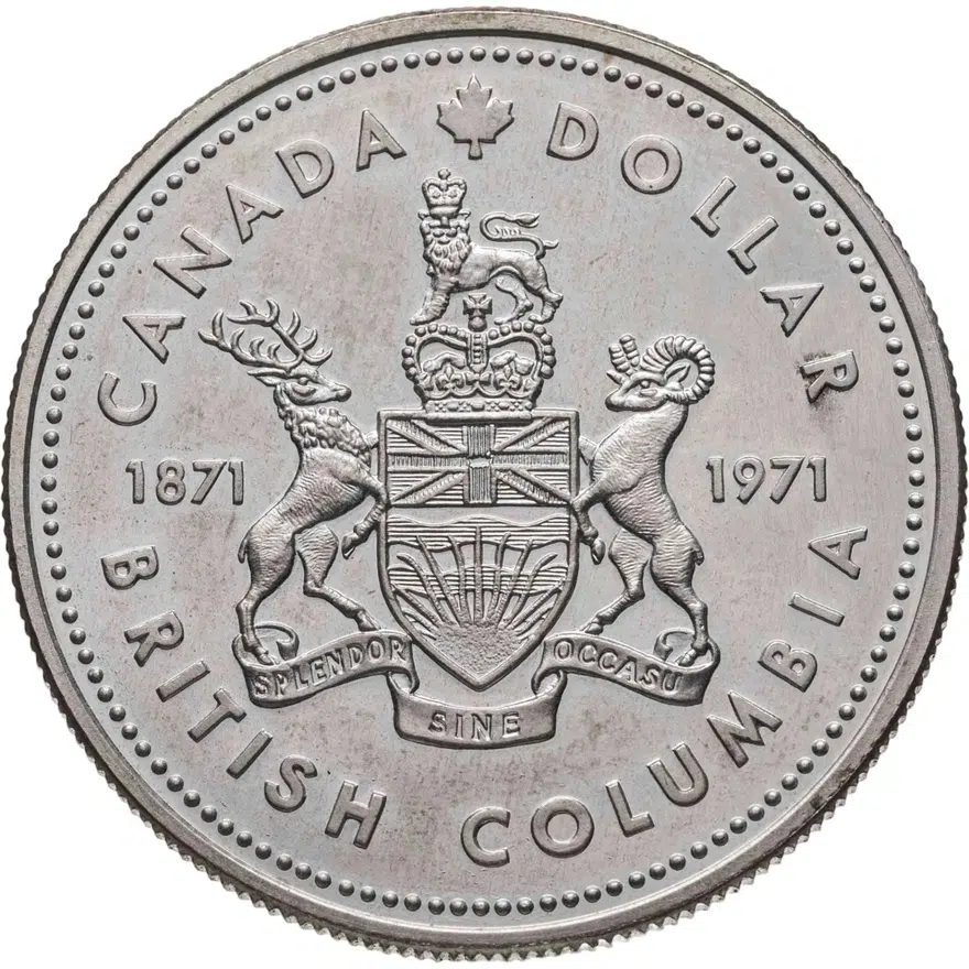 Канада 1 доллар (dollar) 1971  100 лет присоединению Британской Колумбии, аверс
