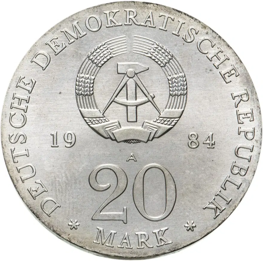 Германия (ГДР) 20 марок (mark) 1984  300 лет со дня рождения и 225 лет со дня смерти Георга Фридриха Генделя, реверс