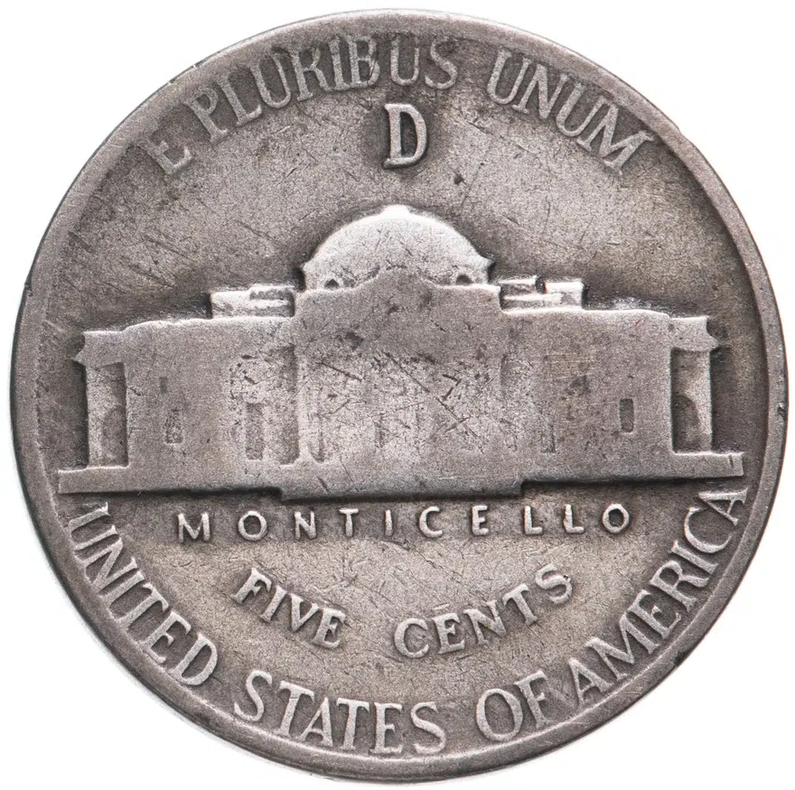 США 5 центов (cents) 1943 D Jefferson Nickel (Джефферсон) знак монетного двора "D" - Денвер, реверс