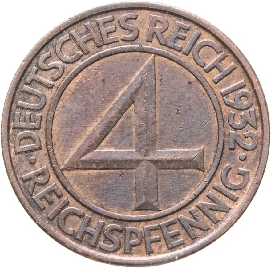 Германия 4 рейхспфеннига (reichspfennig) 1932 A  знак монетного двора "A" — Берлин